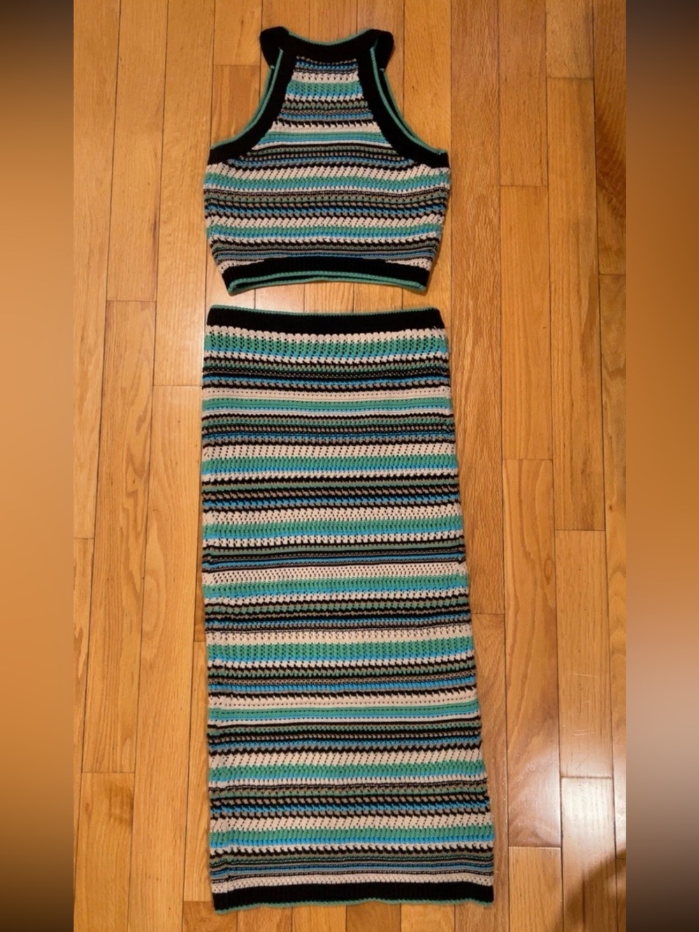 Rachel Zoe Striped Crochet Maxi Skirt & Cropped Tank in Teal, Black & Cream - Picture 2 of 7